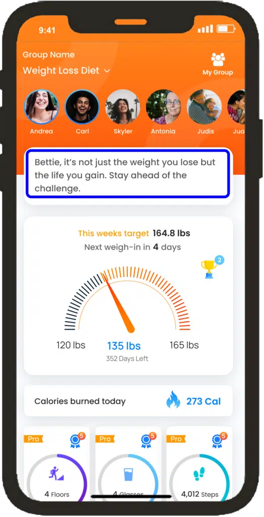 BetterTogether fitness app screen showcasing weight tracking graph and daily activity metrics for weight loss challenge.