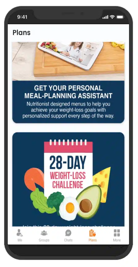 Smartphone showcasing BetterTogether weight loss challenge app with a 28-day plan and diet guidelines.