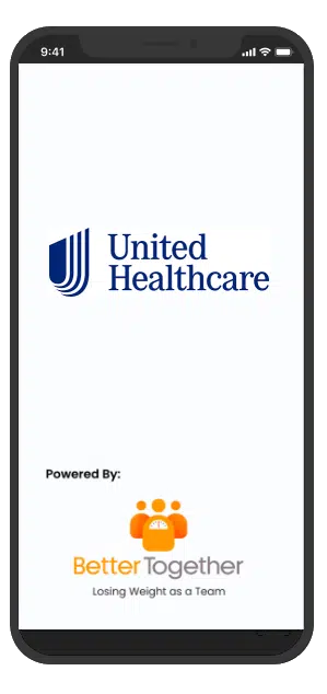 Smartphone showing United Healthcare and BetterTogether weight loss challenge apps for group fitness.