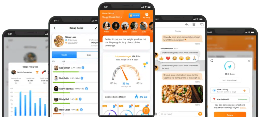BetterTogether weight loss challenge app collage, includes features such as group chats, progress tracking, and personal coaching.