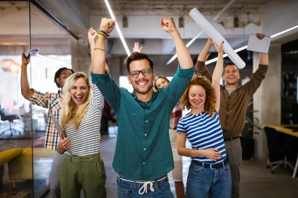 Happy group of employees in wellbeing program finals