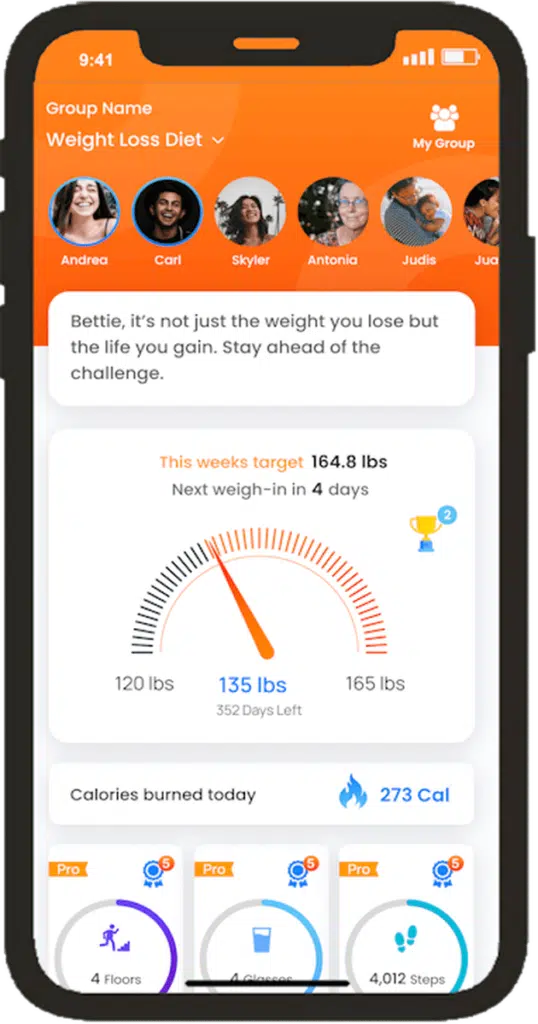 BetterTogether weight loss challenge app interface showing group progress, current weights, weekly targets, and calories burned.