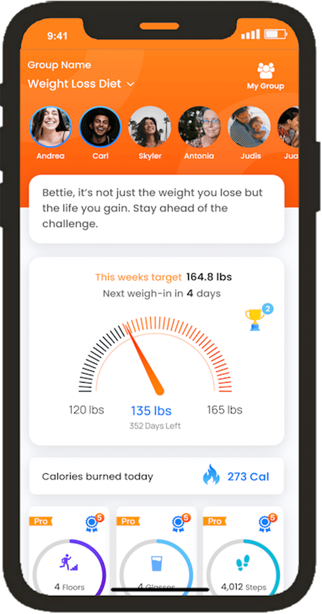 BetterTogether weight loss challenge app interface showing group progress, current weights, weekly targets, and calories burned.