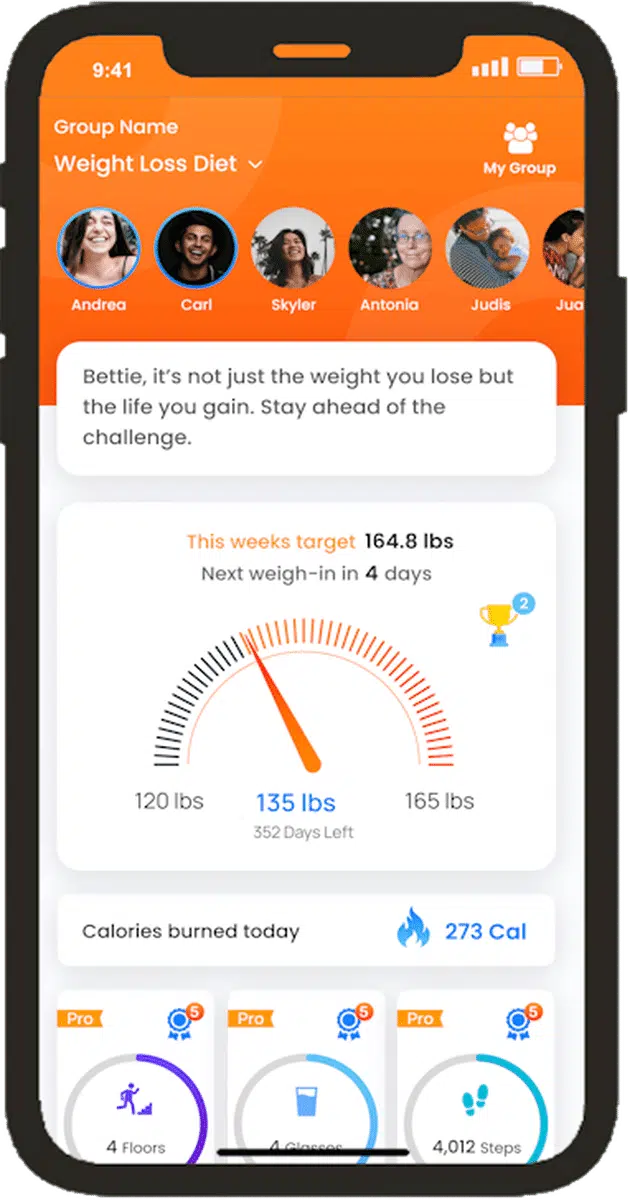 BetterTogether weight loss challenge app interface showing group progress, current weights, weekly targets, and calories burned.