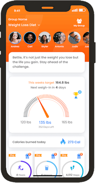 BetterTogether weight loss challenge app: Diet group dashboard with user profiles, target weight, progress tracker, and calories burned.